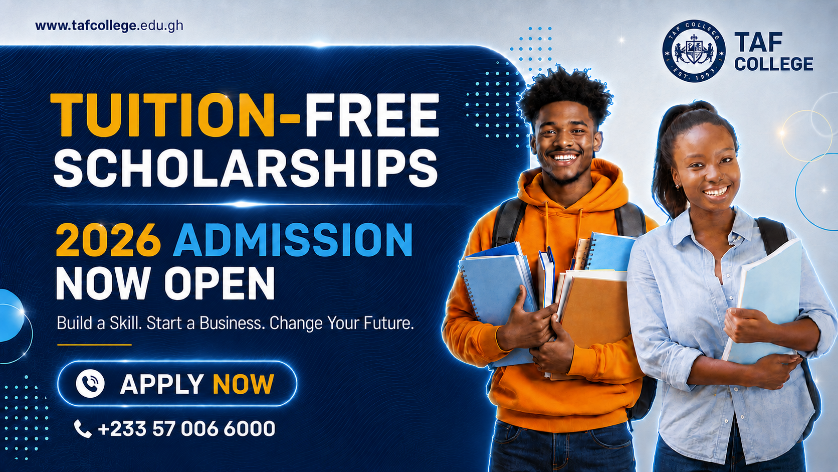 TAF College tuition-free scholarships, 2026 admission now open. Two smiling students holding notebooks.